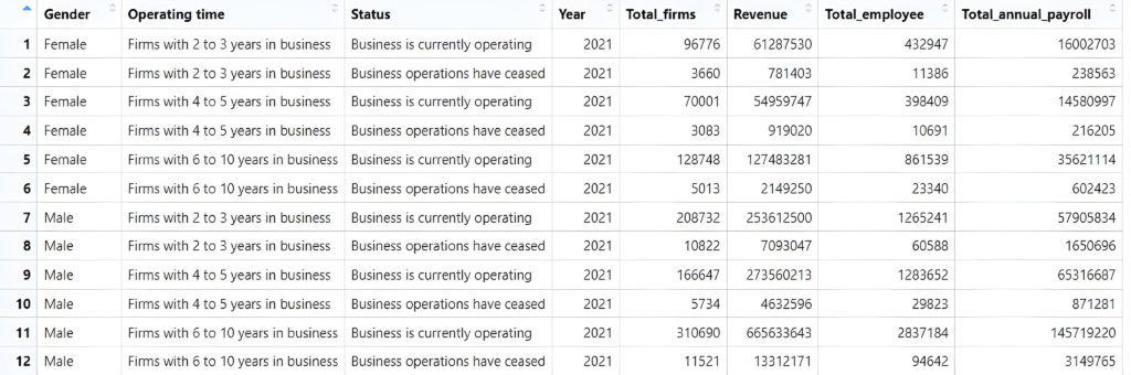 The image depicts a table with detailed data on business metrics categorized by gender, operating time, and status for the year 2020. The table has six columns labeled "Gender," "Operating time," "Status," "Total firms," "Revenue," "Total employee," and "Total annual payroll." There are 12 rows, each representing different groups of businesses based on gender (Female or Male), operating time (2 to 3 years, 4 to 5 years, or 6 to 10 years), and their operational status (currently operating or operations have ceased). Rows 1 and 2 represent female-owned firms that have been in business for 2 to 3 years, with row 1 showing those still operating and row 2 those that have ceased operations.Rows 3 and 4 show female-owned firms operating for 4 to 5 years, again split by operational status. Rows 5 and 6 are for female firms operating between 6 to 10 years. Rows 7 and 8 show data for male-owned firms with 2 to 3 years in business. Rows 9 and 10 for male-owned businesses with 4 to 5 years. Rows 11 and 12 cover male firms with 6 to 10 years of operation. Each row details the number of total firms, revenue, total employees, and total annual payroll in their respective categories, with numbers ranging widely, for instance, from a few thousand to several million in revenue and employee counts.
